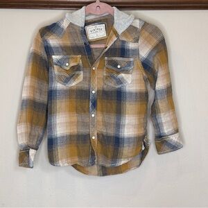 BKE Blue and Brown Plaid Kids snap Shirt with Hood size small
